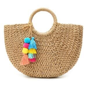 9564 Large Straw Beach Tote Bag Hobo Summer Handwoven Bags Purse wth Pom